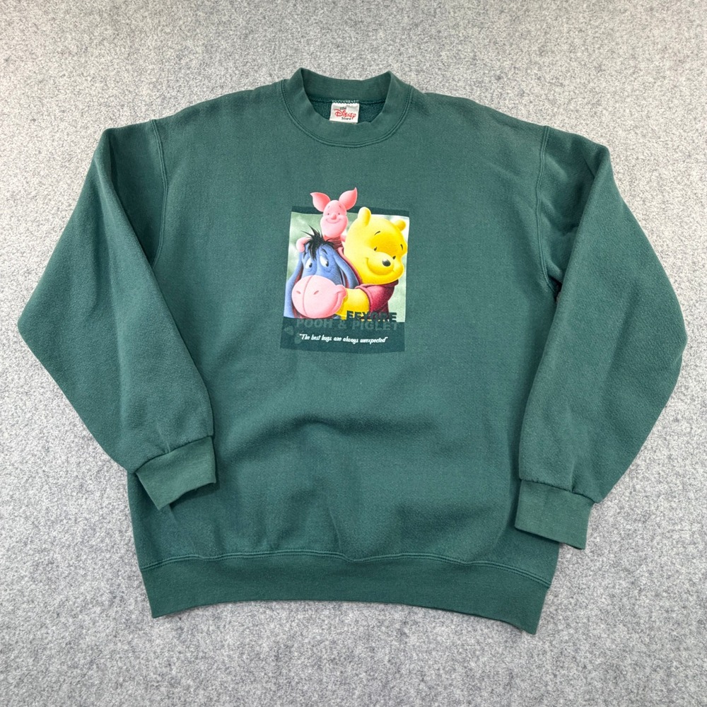 Disney Store Winnie the Pooh Eeyore Piglet Green Sweatshirt Medium Vintage